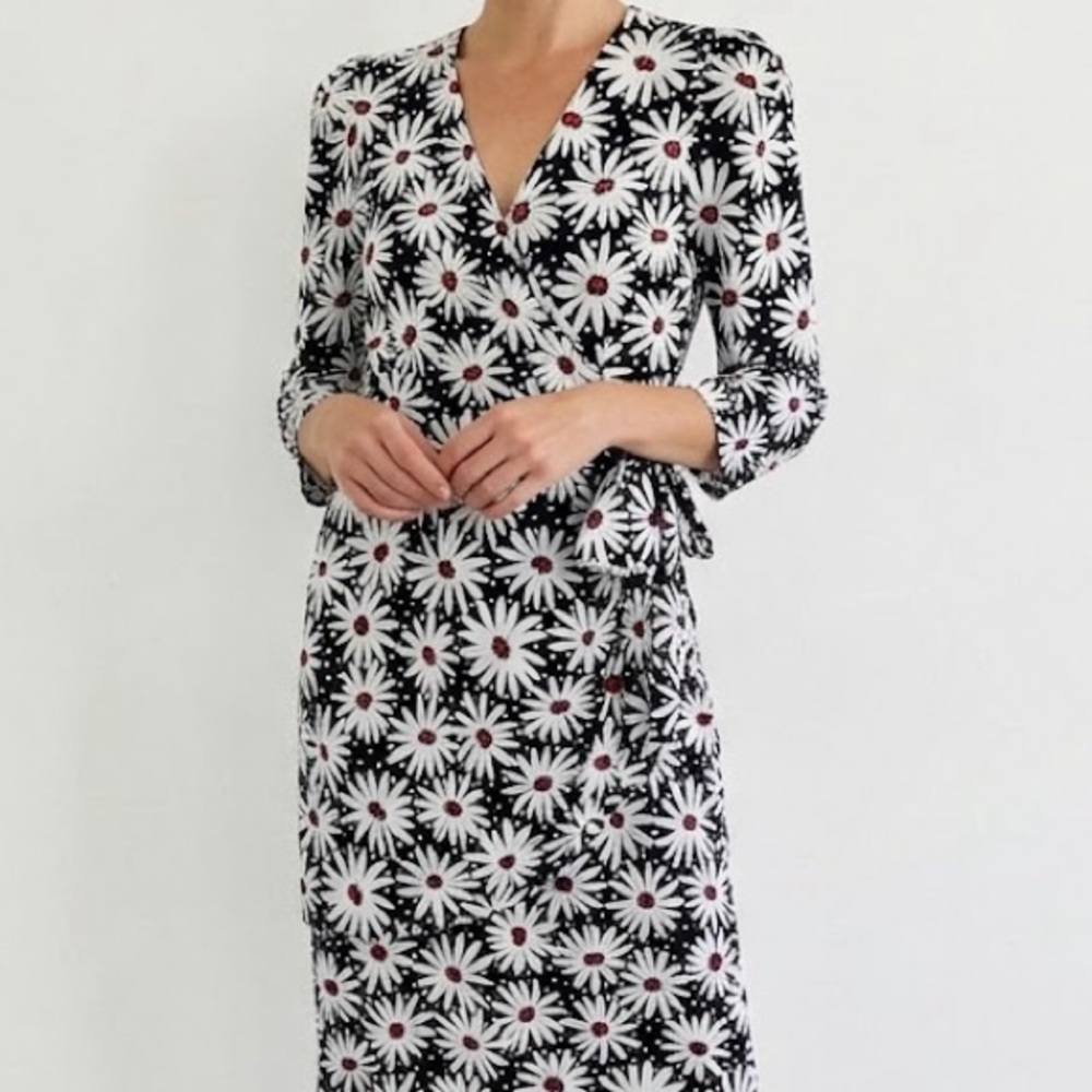 Vintage 80s Simon Ellis White Black Daisy Print Faux Wrap Midi Dress 10